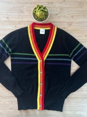 Madeline Thompson Cashmere Cardigan Black Rainbow Stripe Medium